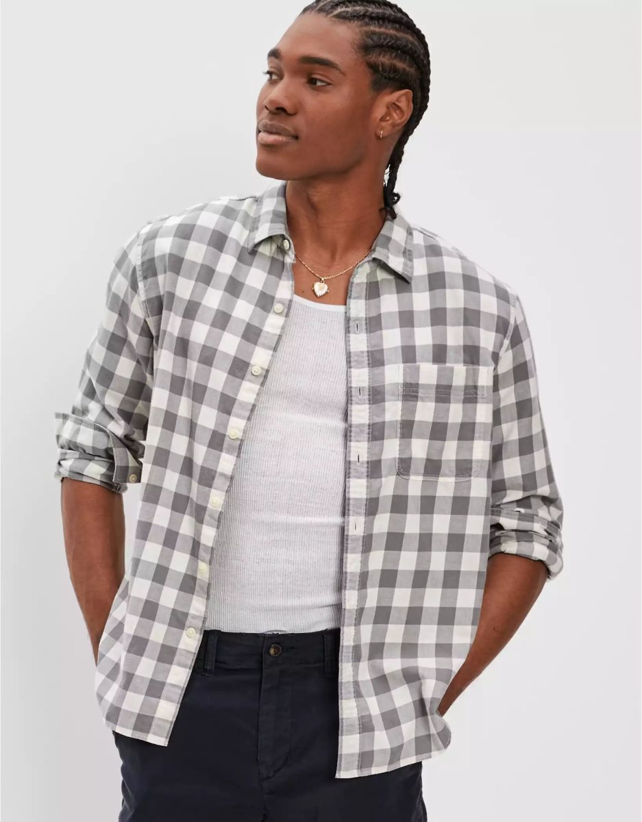 Hauts Flanelle American Eagle AE Super Soft Everyday Plaid Button-Up Shirt Grise Homme | EZY-31132098